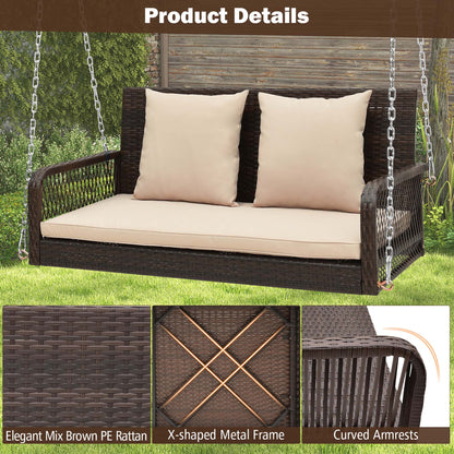 Costway Patio Wicker Porch Swing 2-Person Hanging Loveseat Bench Chair with Cushions Beige