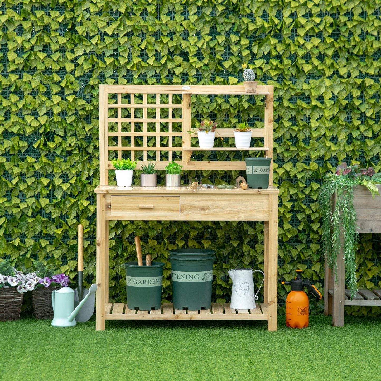 Outsunny Potting Bench Table, Garden Work Bench, Outdoor Wooden Workstation with Tiers of Shelves and Drawer for Patio, Courtyards, Balcony, Grey