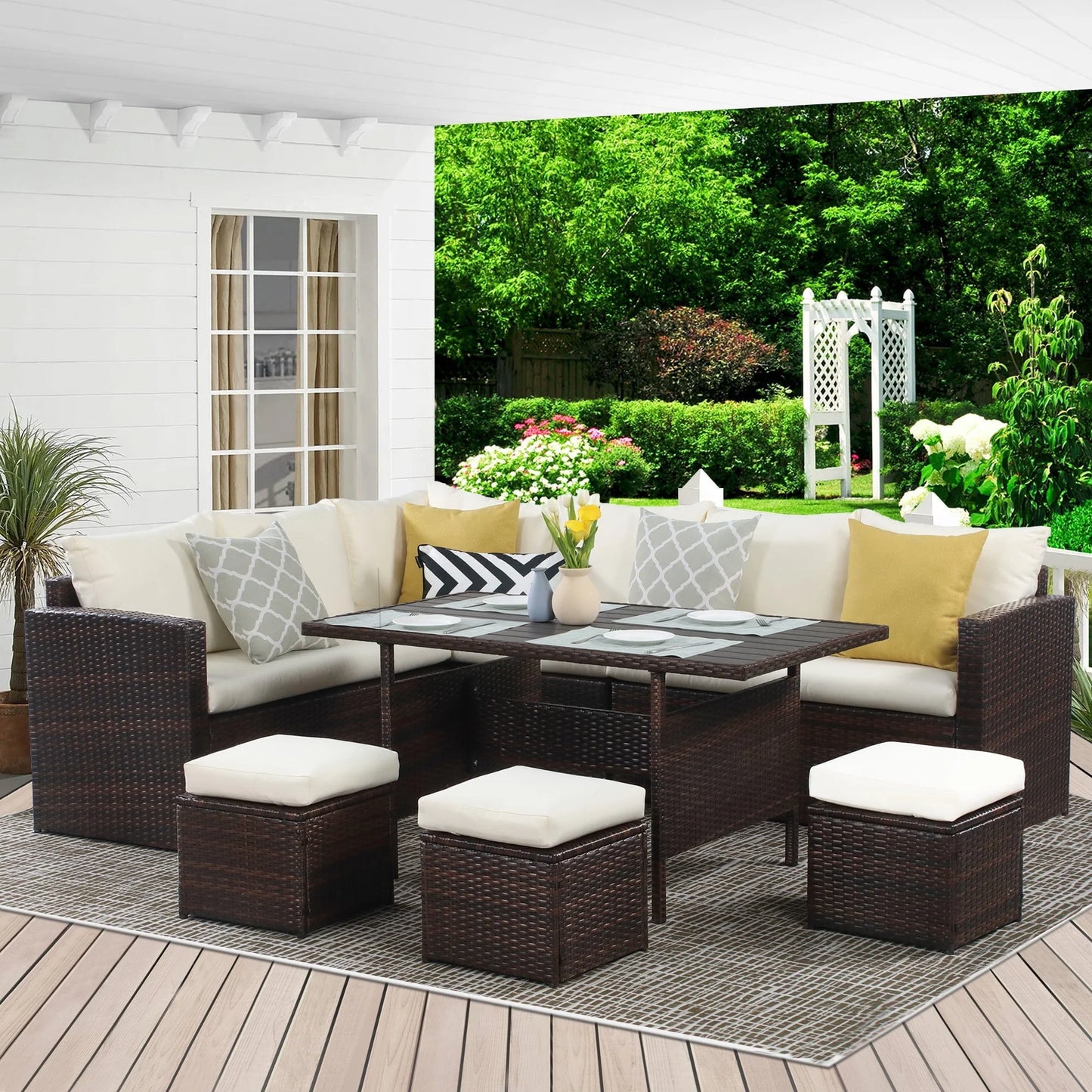 Superjoe 7 Pcs Outdoor Wicker Dining Set Patio Sectional Conversation Set with Table,Steel Frame,Ivory