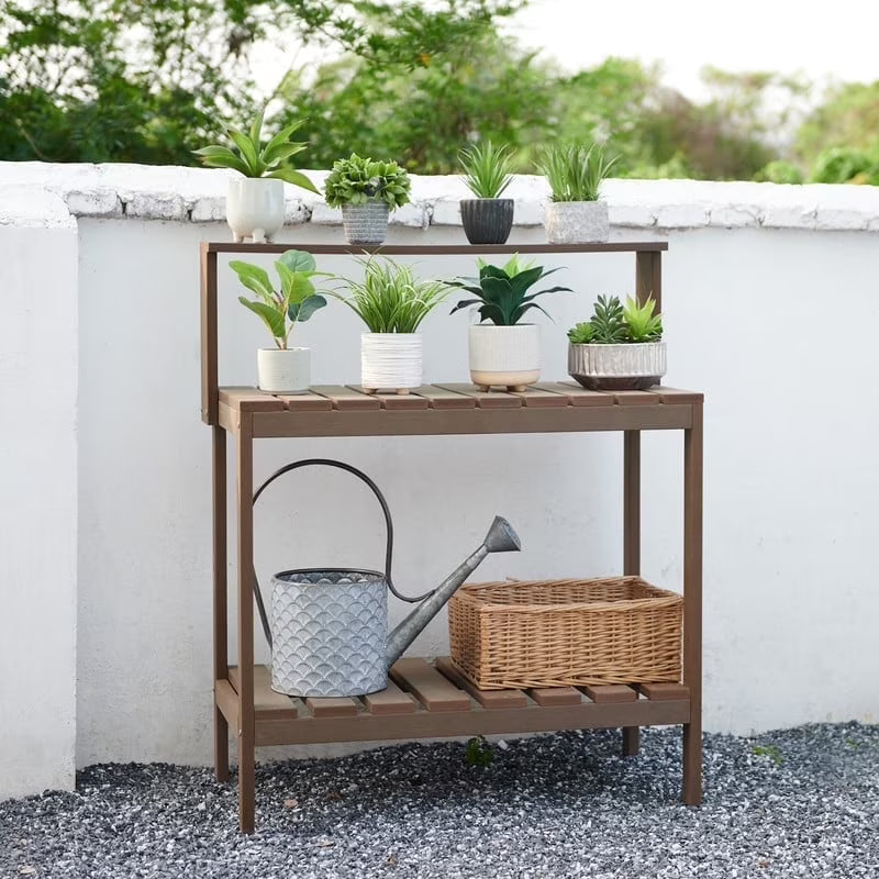 GONICHA Outdoor Poly Lumber Potting Bench, Polystyrene Garden Table with Storage Shelves, All-Weather Patio Work Station for Gardening,Brown