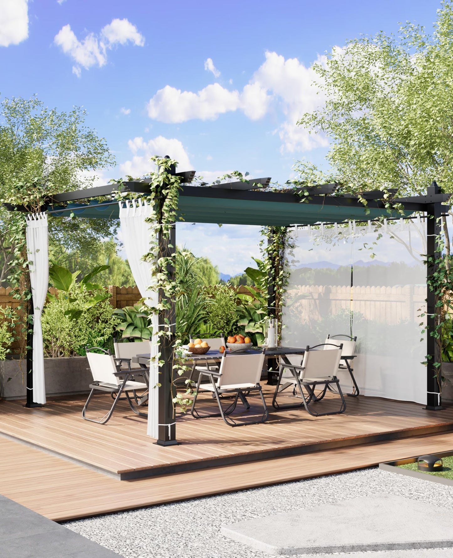 Luku 10 x 13 Ft Wood-Grain Aluminum Pergola Outdoor Pergola with Retractable Canopy Sun Shade Shelter for Garden, Patio, Backyard, Deck