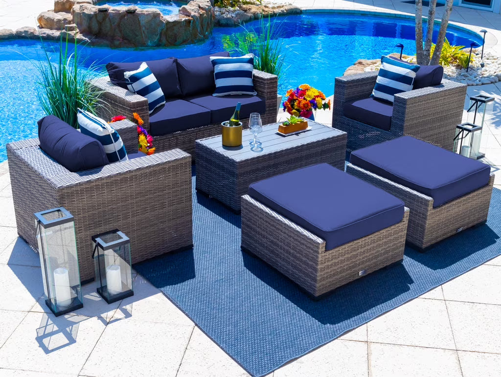 Sorrento 6-Piece M Resin Wicker Outdoor Patio Furniture Lounge Sofa Set in Gray w/Loveseat, Two Armchairs, Two Ottomans, and Coffee Table (Flat-Weave Gray Wicker, Polyester Light Gray)