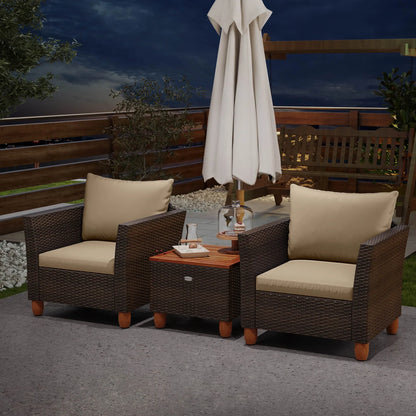 Costway 3PCS Patio Wicker Rattan Sofa Set Furniture Outdoor Acacia Wood Conversation Brown