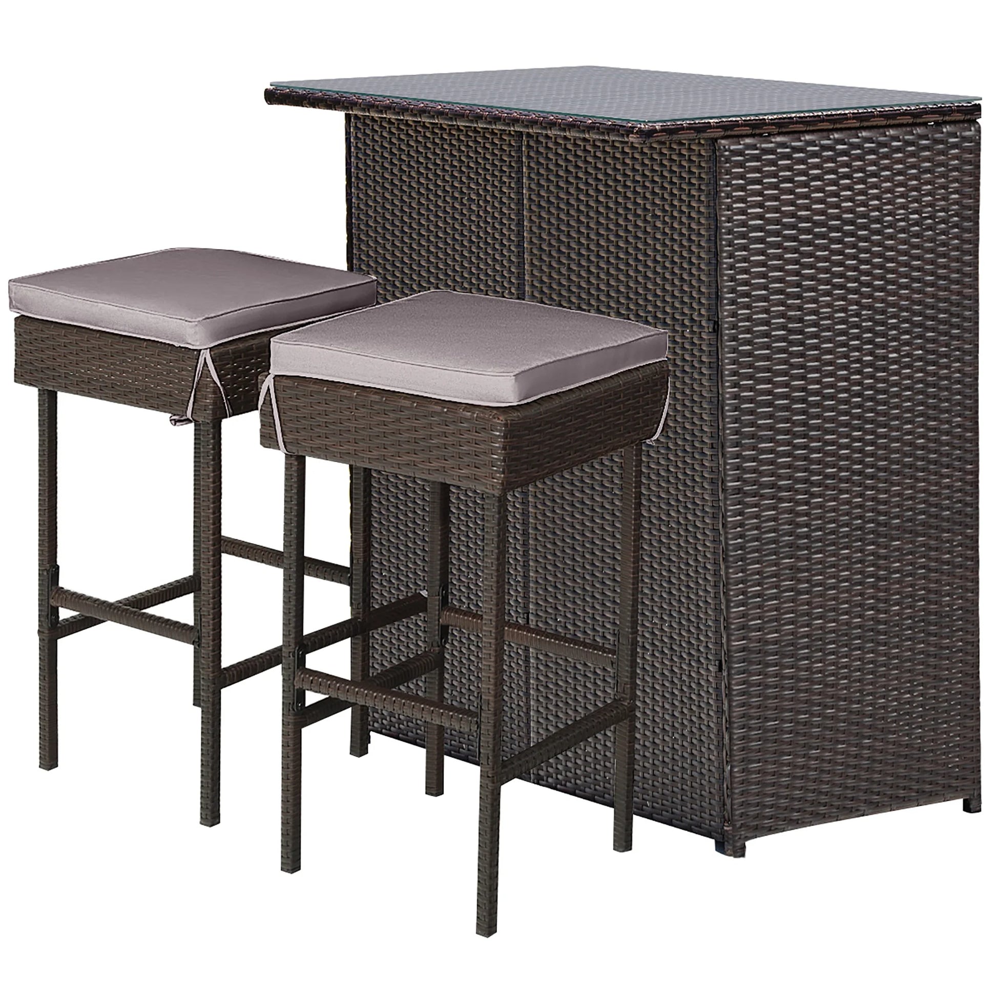 Costway Patio 3PCS Rattan Bar Table Stool Set Cushioned Chairs with Gray & Off white Cover