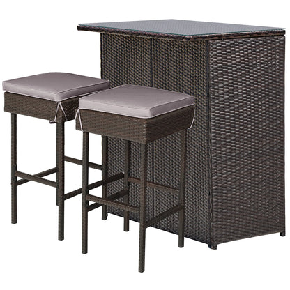 Costway Patio 3PCS Rattan Bar Table Stool Set Cushioned Chairs with Gray & Off white Cover