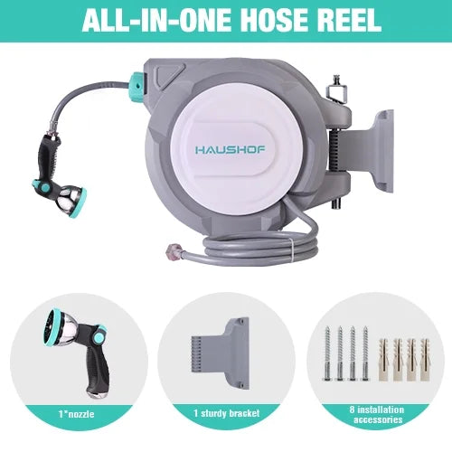 HAUSHOF 1/2" x 100 ft Retractable Garden Hose Reel with Automatic Rewind, 10-Pattern Spray Nozzle, Durable High-Pressure Hose, and 180° Swivel Bracket - Perfect for Watering Gardens, Cleaning Patios