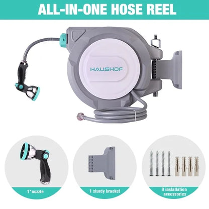 HAUSHOF 1/2" x 100 ft Retractable Garden Hose Reel with Automatic Rewind, 10-Pattern Spray Nozzle, Durable High-Pressure Hose, and 180° Swivel Bracket - Perfect for Watering Gardens, Cleaning Patios