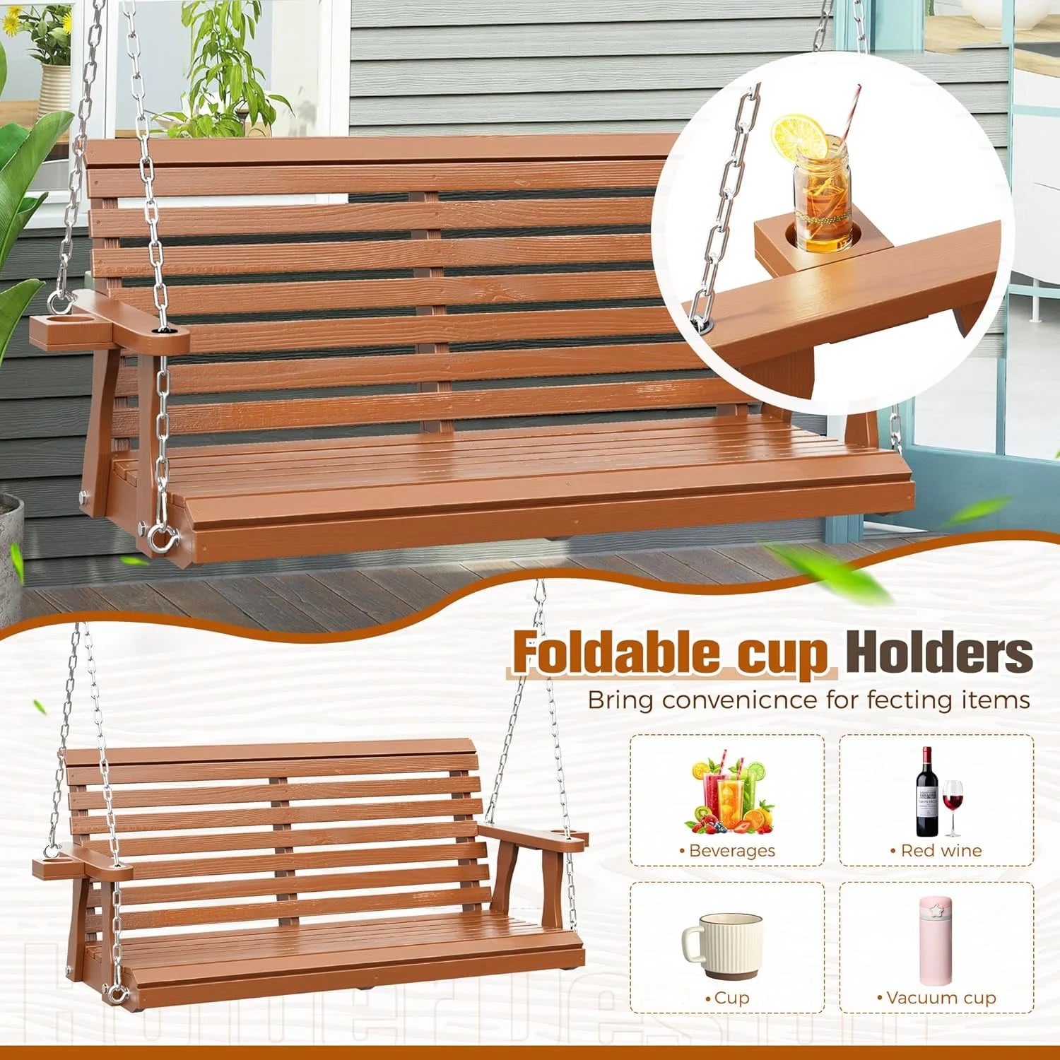 SOLAURA 2 Seat Outdoor Wooden Porch Swing with Cup Holders, Hanging Patio Swing with Hanging Chains, Swing Bench Chair for Backyard Garden Balcony, 440lbs Weight Capacity, Brown