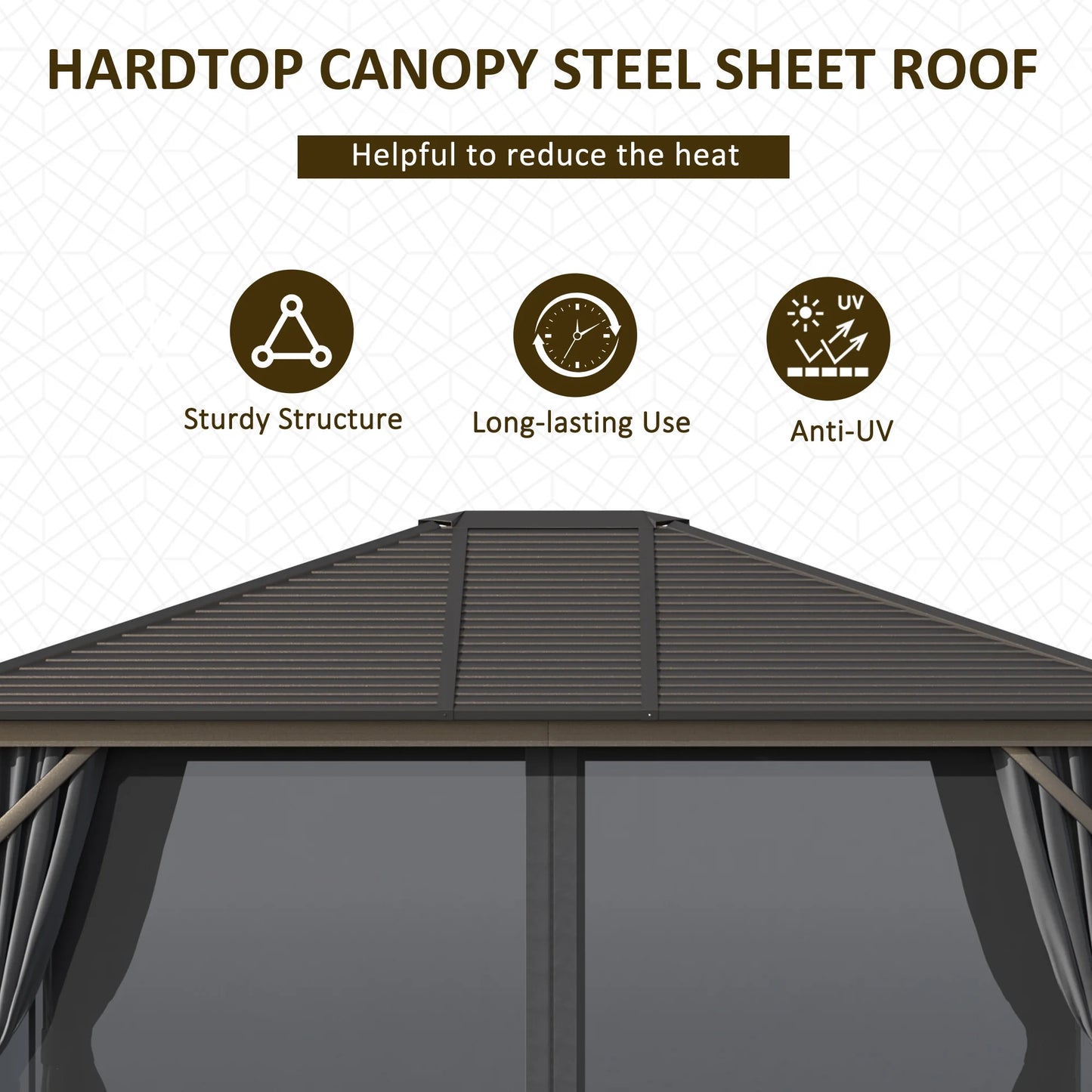 Outsunny 10' x 12' Hardtop Gazebo with Curtains and Netting, Permanent Pavilion Metal Single Roof Gazebo Canopy with Aluminum Frame and Hooks, for Garden, Patio, Backyard, Dark Gray