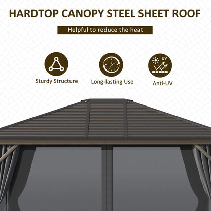 Outsunny 10' x 12' Hardtop Gazebo with Curtains and Netting, Permanent Pavilion Metal Single Roof Gazebo Canopy with Aluminum Frame and Hooks, for Garden, Patio, Backyard, Dark Gray