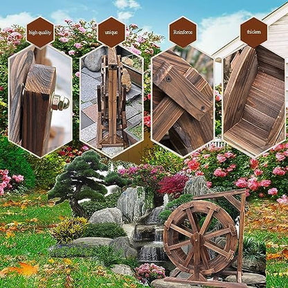 Water Wheel Fountain Outdoor Garden with Stand, Outdoor Water Fountains and Waterfalls, Wooden Water Wheel Fountain for Patio Pond Pool, Garden Decoration Water Feature, Vintage Rustic Ornamental (Co