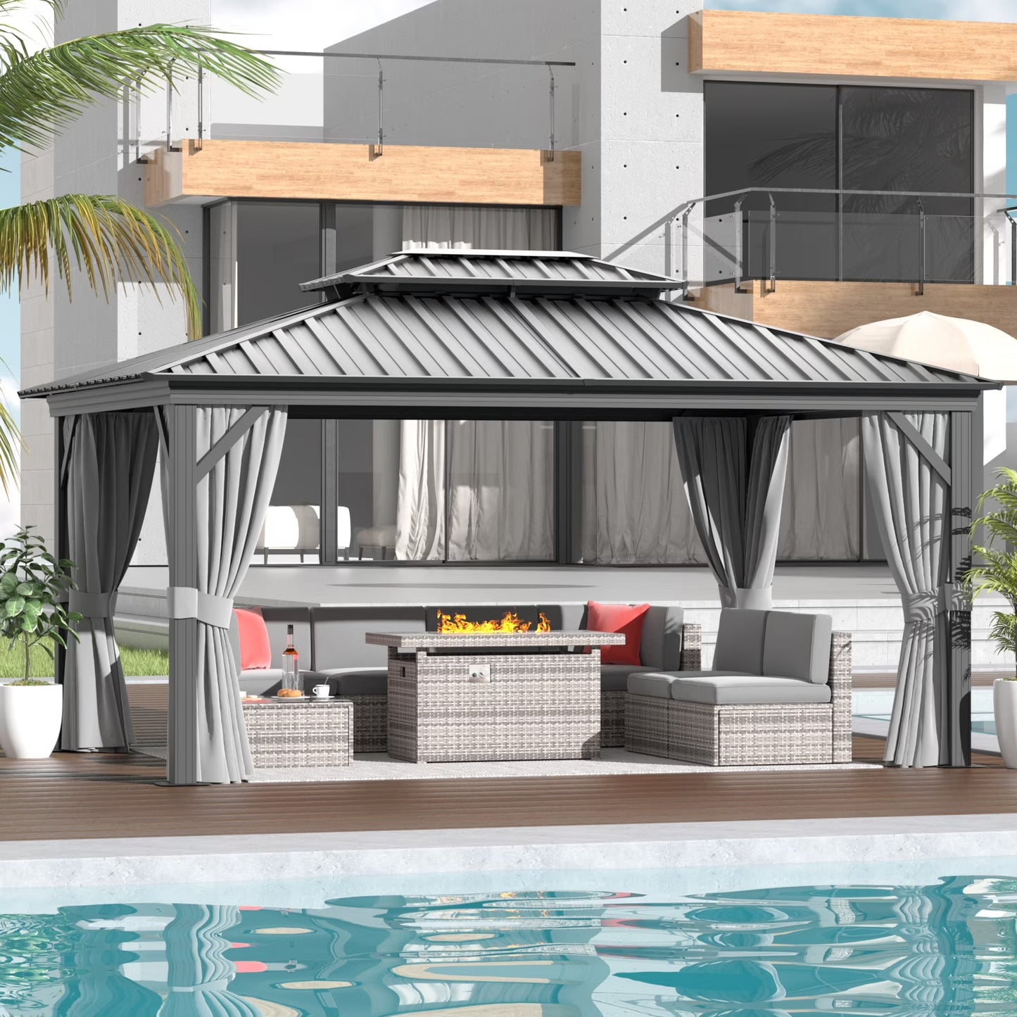 AOXUN 12'x16?Outdoor Hardtop Gazebo, Galvanized Double Roof Aluminum Pavilion with Netting and Curtains for Garden, Patio, Lawns, Gray