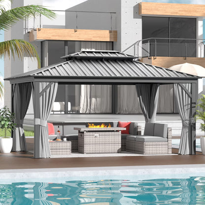 AOXUN 12'x16?Outdoor Hardtop Gazebo, Galvanized Double Roof Aluminum Pavilion with Netting and Curtains for Garden, Patio, Lawns, Gray