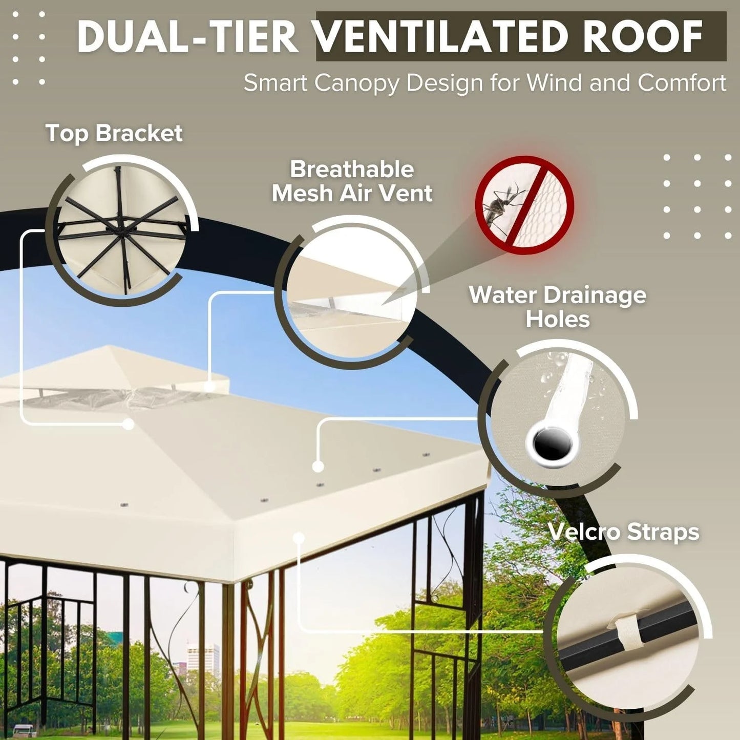 Flexzion Gazebo Cover Replacement Canopy Top 10x10 Ft (3m x 3m) - Double Tier Top Canopy Cover Replacement with UV30+, Dirt, Water Resistant for Outdoor, Sunshade, Garden, Patio, Pavilion (Ivory)