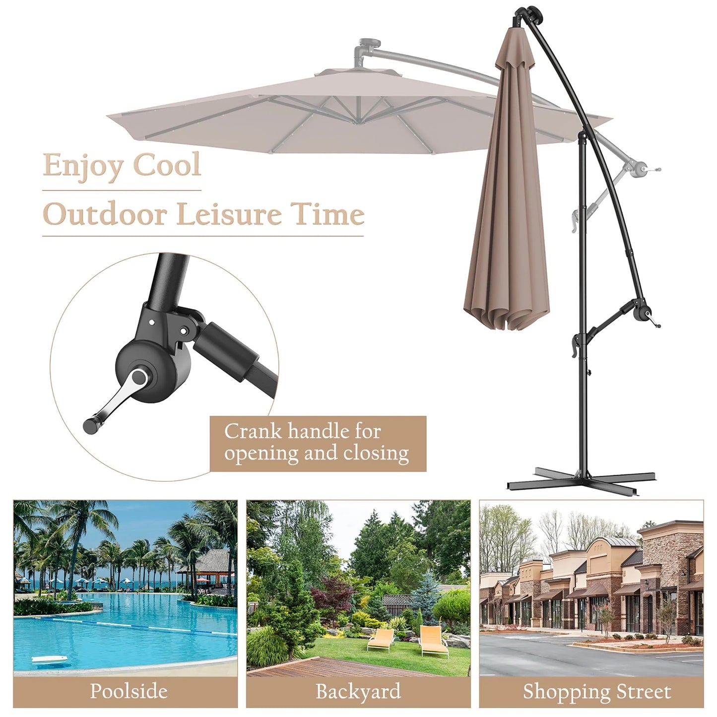 Costway 10' Hanging Solar LED Umbrella Patio Sun Shade Offset Market W/Base Tan