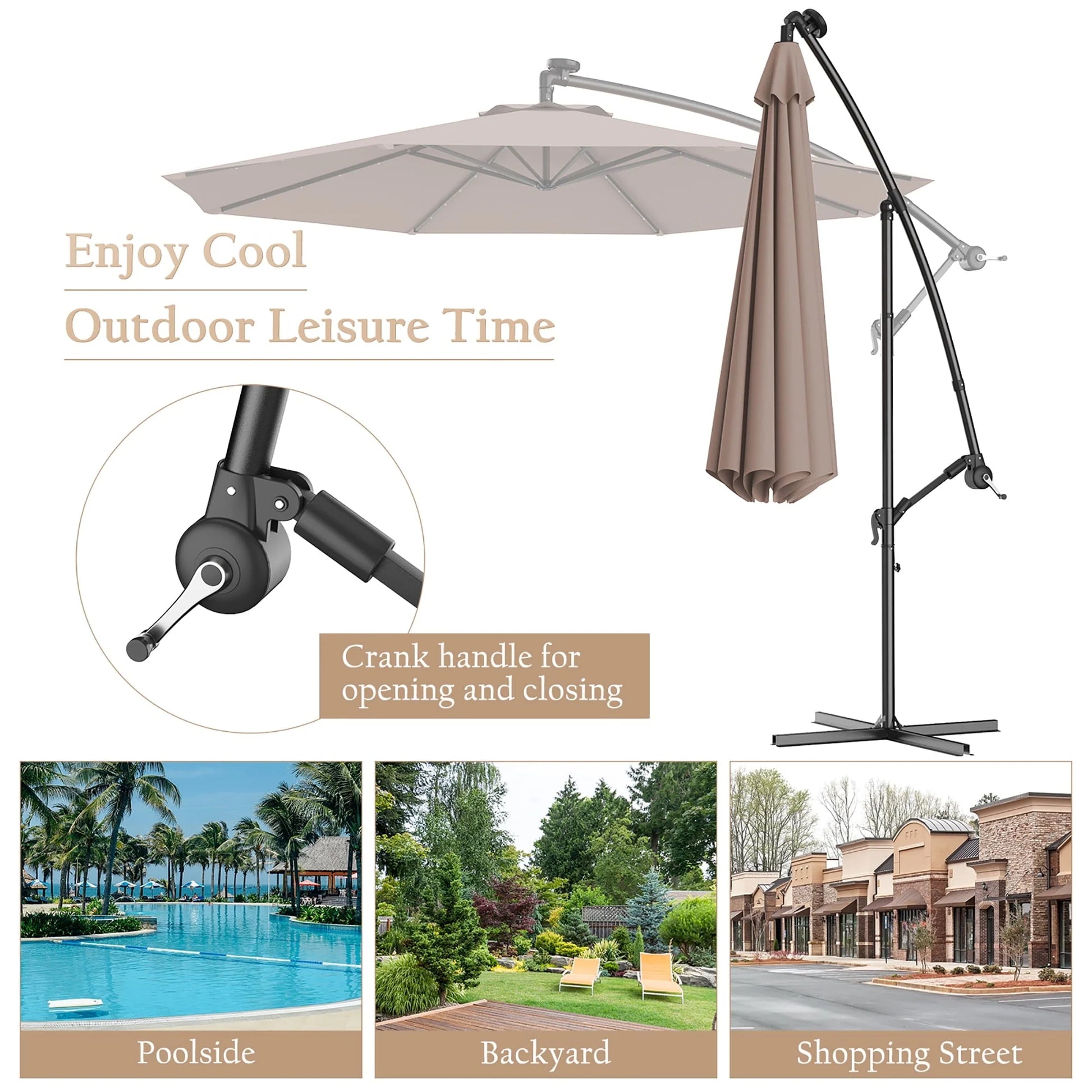 Costway 10' Hanging Solar LED Umbrella Patio Sun Shade Offset Market W/Base Tan