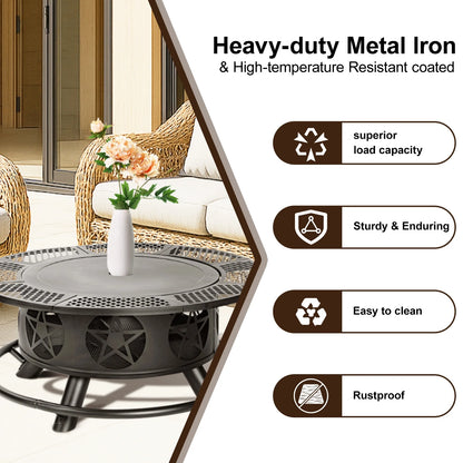 MistMo 36 inch Round Fire Pit with Grills, Wood Burning Fire Pits with Metal Lid for Outside Bonfire Outdoor Patio and Party