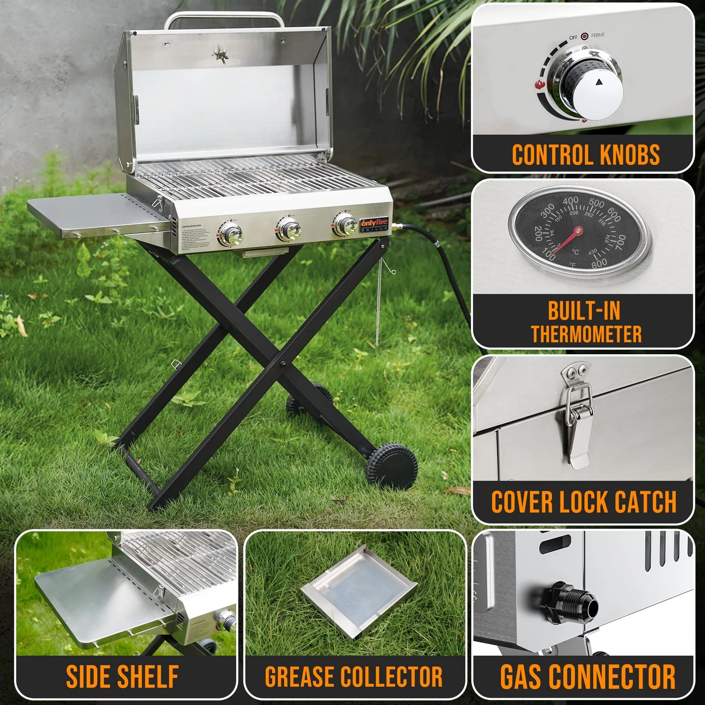 Hitechluxe 3-Burner Propane Gas Grill with Foldable Cart, Lid & Side Table for Outdoor Patio Backyard Barbecue Camping Tailgating RV Trip, Stainless Steel