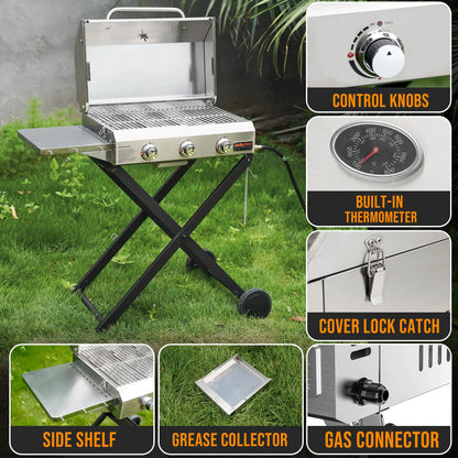 Hitechluxe 3-Burner Propane Gas Grill with Foldable Cart, Lid & Side Table for Outdoor Patio Backyard Barbecue Camping Tailgating RV Trip, Stainless Steel