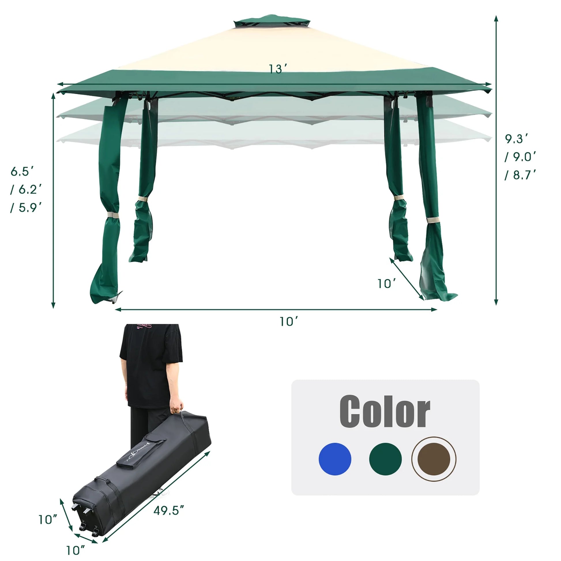 Costway 13'x13' Gazebo Canopy Shelter Awning Tent Patio Garden Green