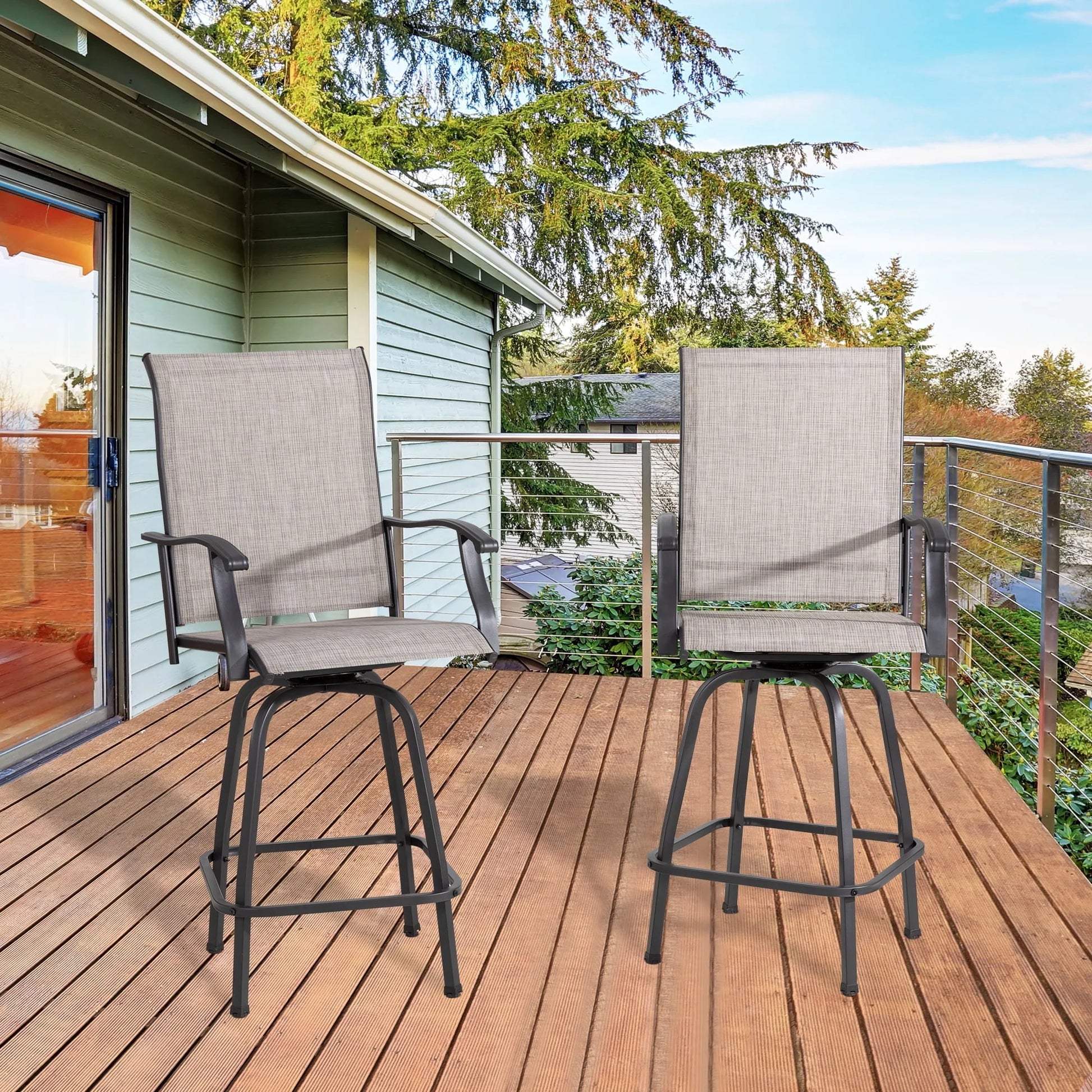 Sobaniilo Outdoor Swivel Bar Stools, All Weather Textile Patio Chairs set of 2, for Backyard, Lawn Garden, Balcony, Gray, Fabric, Steel