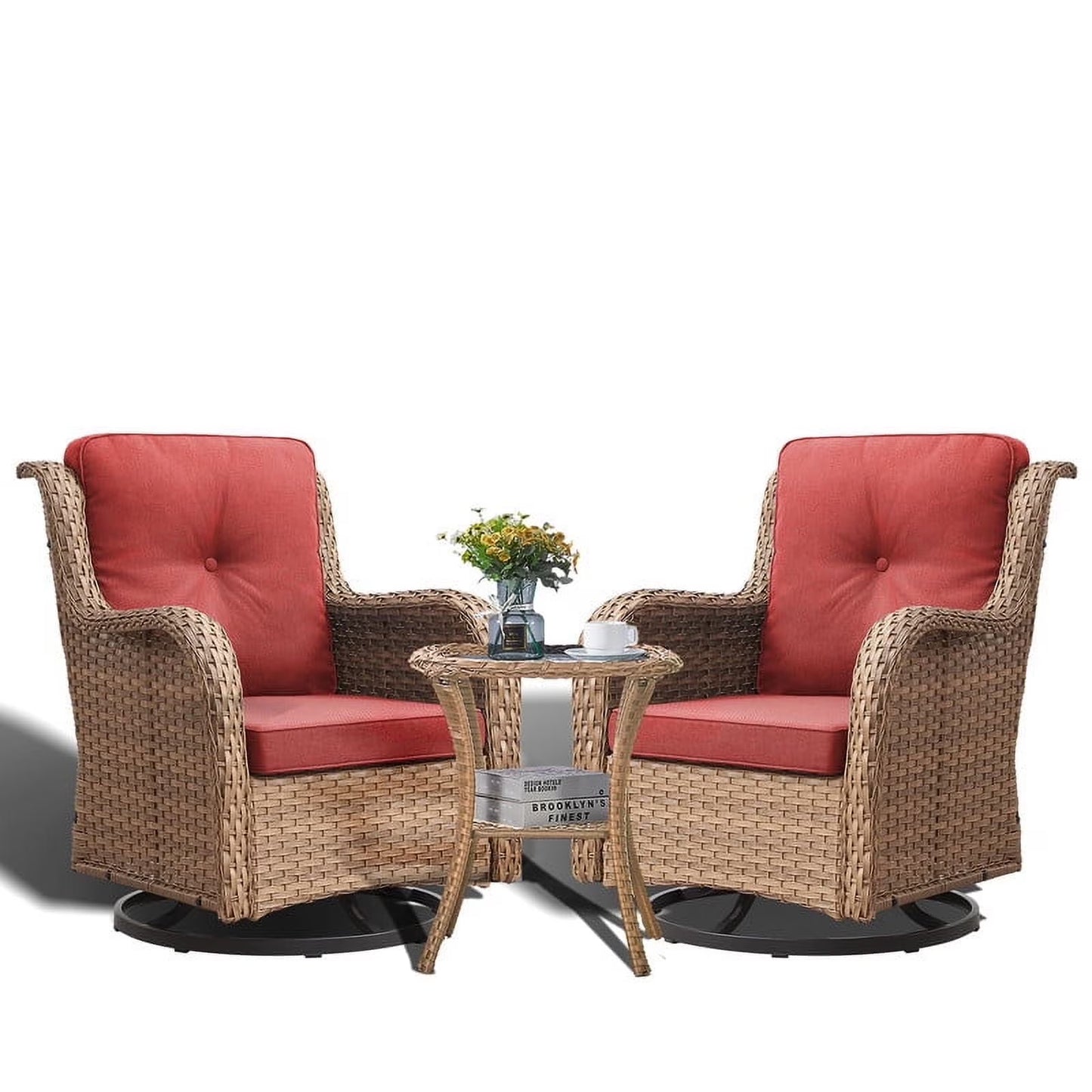 POCASSY 3 Piece Patio Set Outdoor Wicker Glider Rocking and Swivel Chairs with Cushions