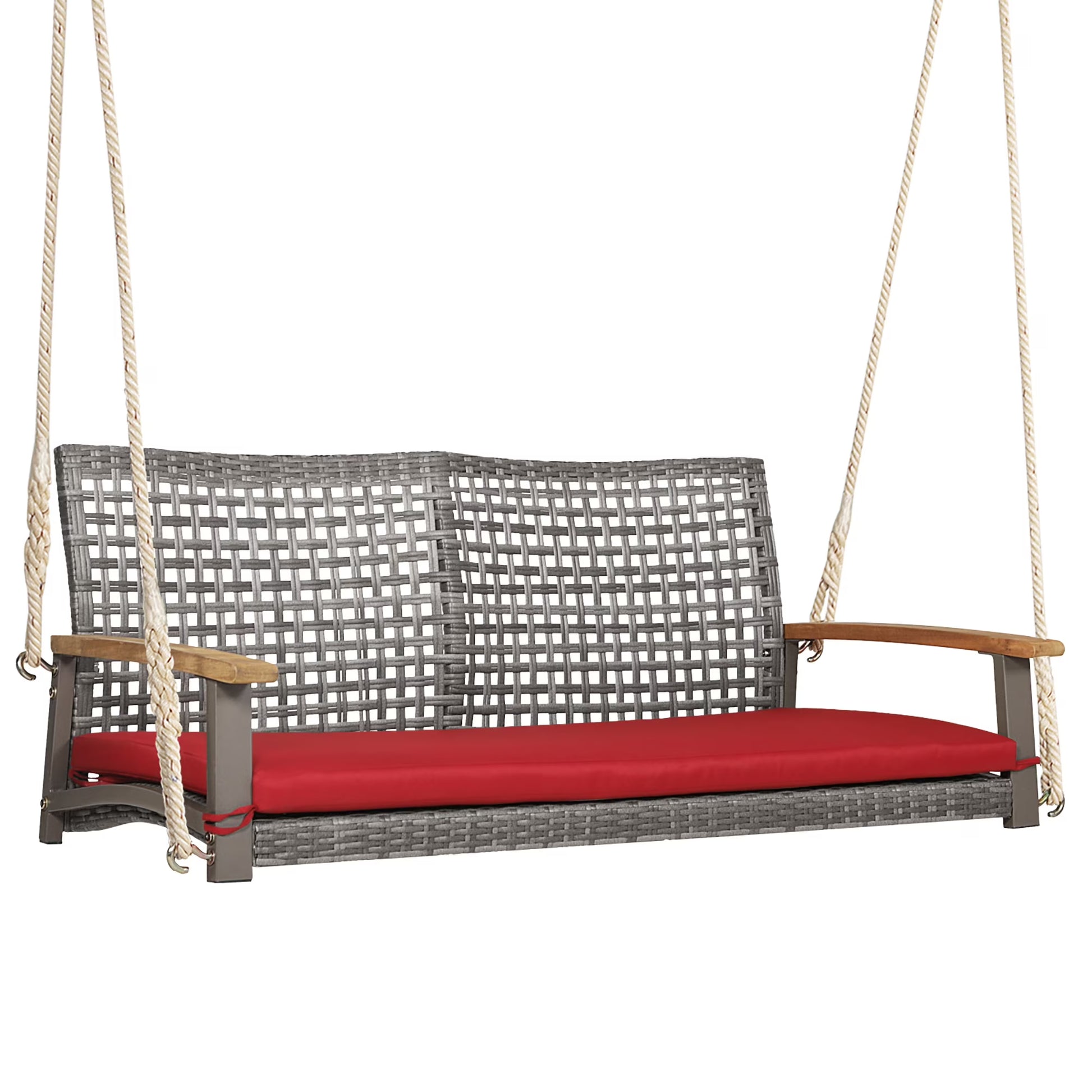 Costway 2-Person Patio Wicker Hanging Swing Chair Loveseat Cushion Porch Black