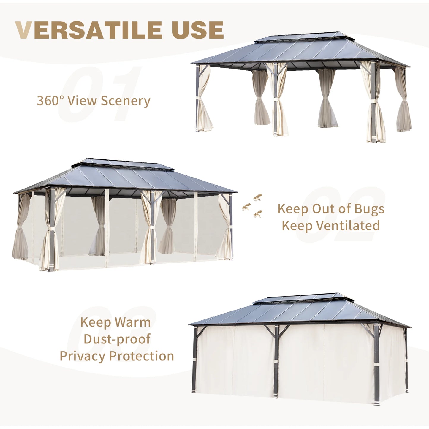 EROMMY 12x20FT Hardtop Gazebo, Permanent Outdoor Aluminum Patio Gazebo with Double Roof, Curtains and Netting Included