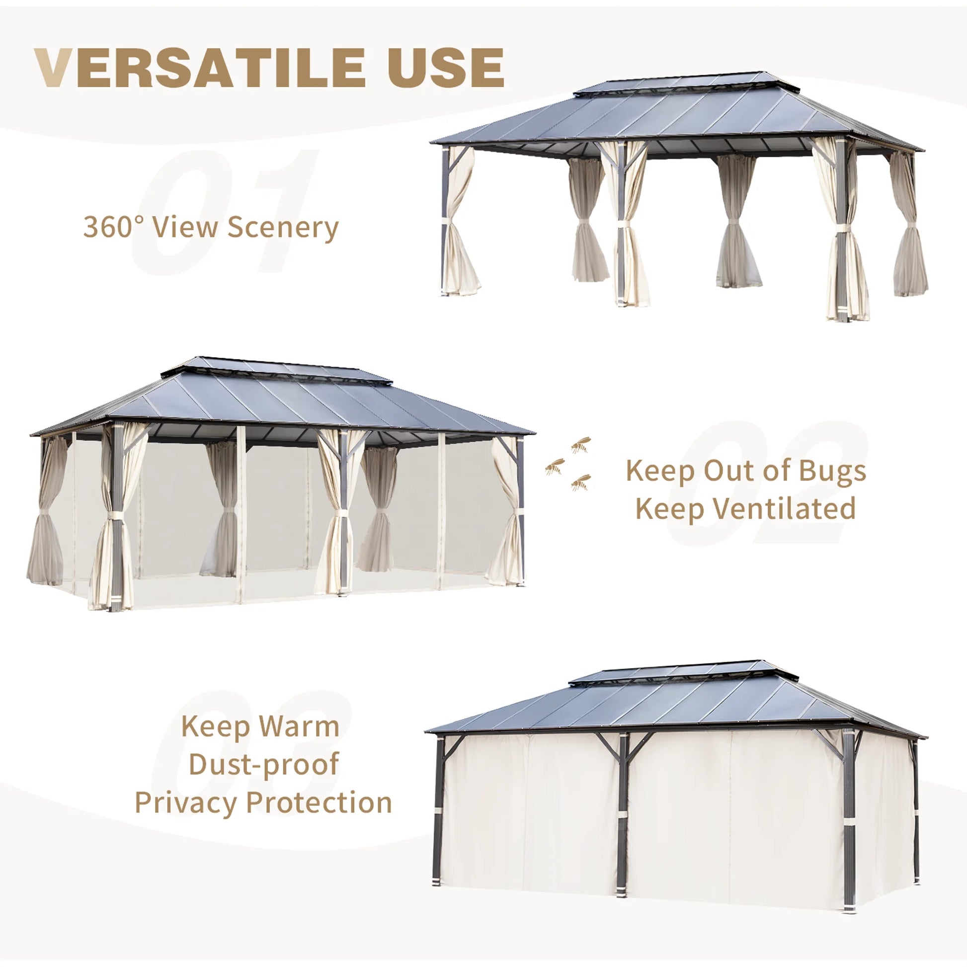 EROMMY 12x20FT Hardtop Gazebo, Permanent Outdoor Aluminum Patio Gazebo with Double Roof, Curtains and Netting Included