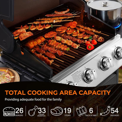4-Burner Propane Gas BBQ Grill with Side Burner, Stainless Steel Gas Grill with Rain Cover, 40,500 BTU High-Output, Built-in Thermometer for Outdoor, Backyard, Patio BBQ Cooking