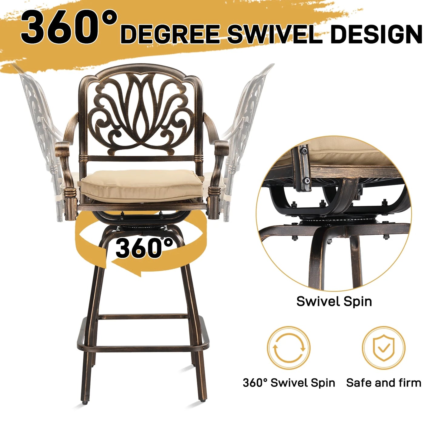 Ktaxon 2Pcs Outdoor Swivel Bar Stools, Weather Resistant Patio Bar Height Chairs, Cast Aluminum Bar Dining Seatings for Pool Deck Balcony (Elizabethan Back)