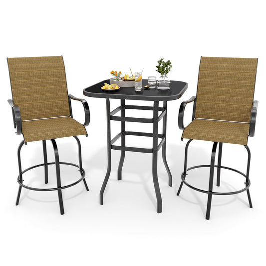 Riedhoff 3-Piece Patio Bar Set with 2 Swivel Chairs & Glass Table,All-Weather,Textile Fabric,Gold