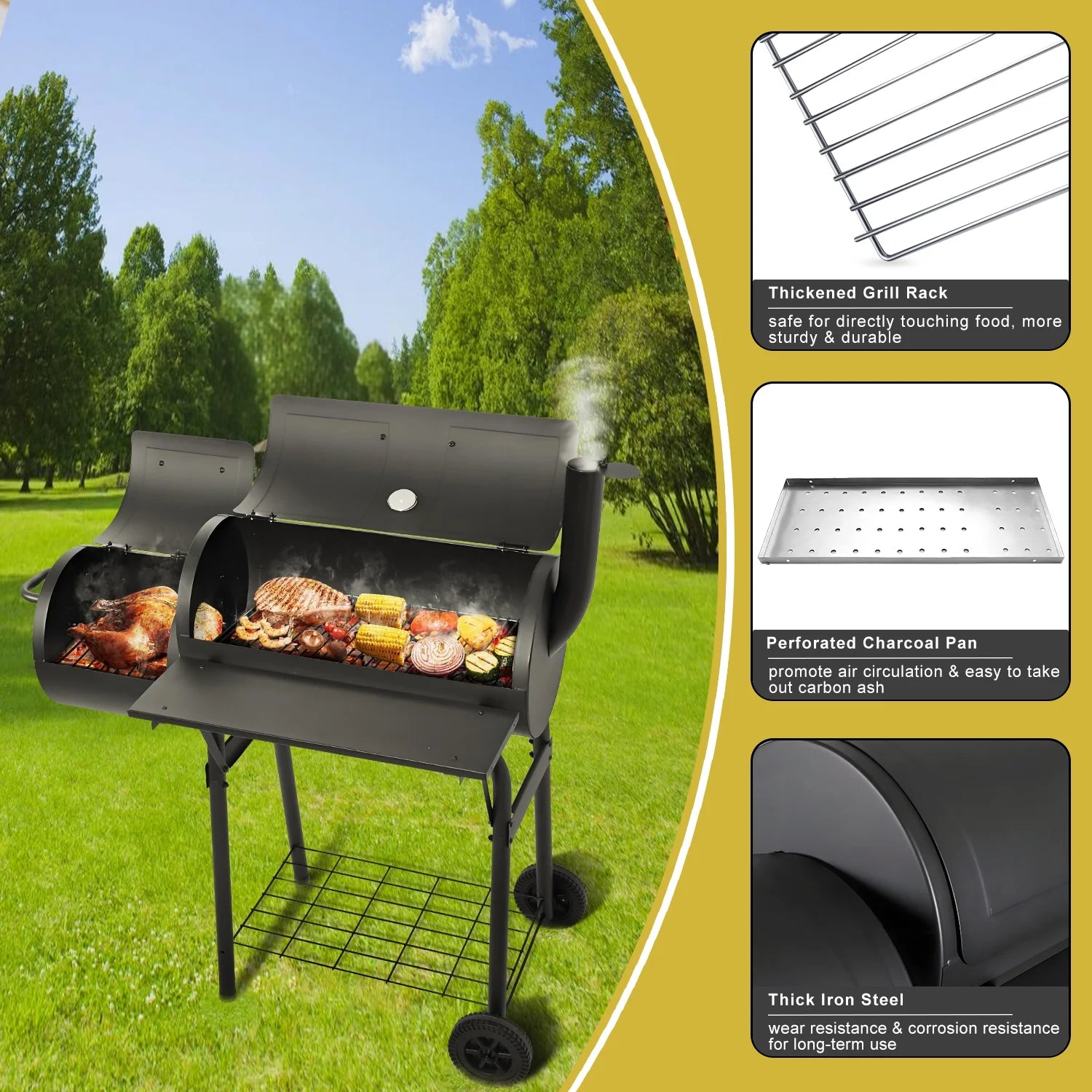 Walchoice Charcoal Grill with Offset Smoker, Barrel BBQ Grill with Wheels, Outdoor Barbecue Grill for Backyard Patio Beach Garden Party, 2 Screwdrivers & 6 Hooks, Black