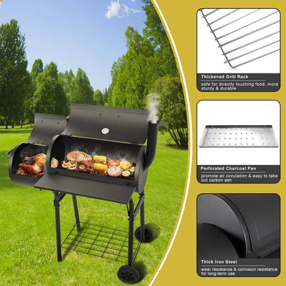 Walchoice Charcoal Grill with Offset Smoker, Barrel BBQ Grill with Wheels, Outdoor Barbecue Grill for Backyard Patio Beach Garden Party, 2 Screwdrivers & 6 Hooks, Black