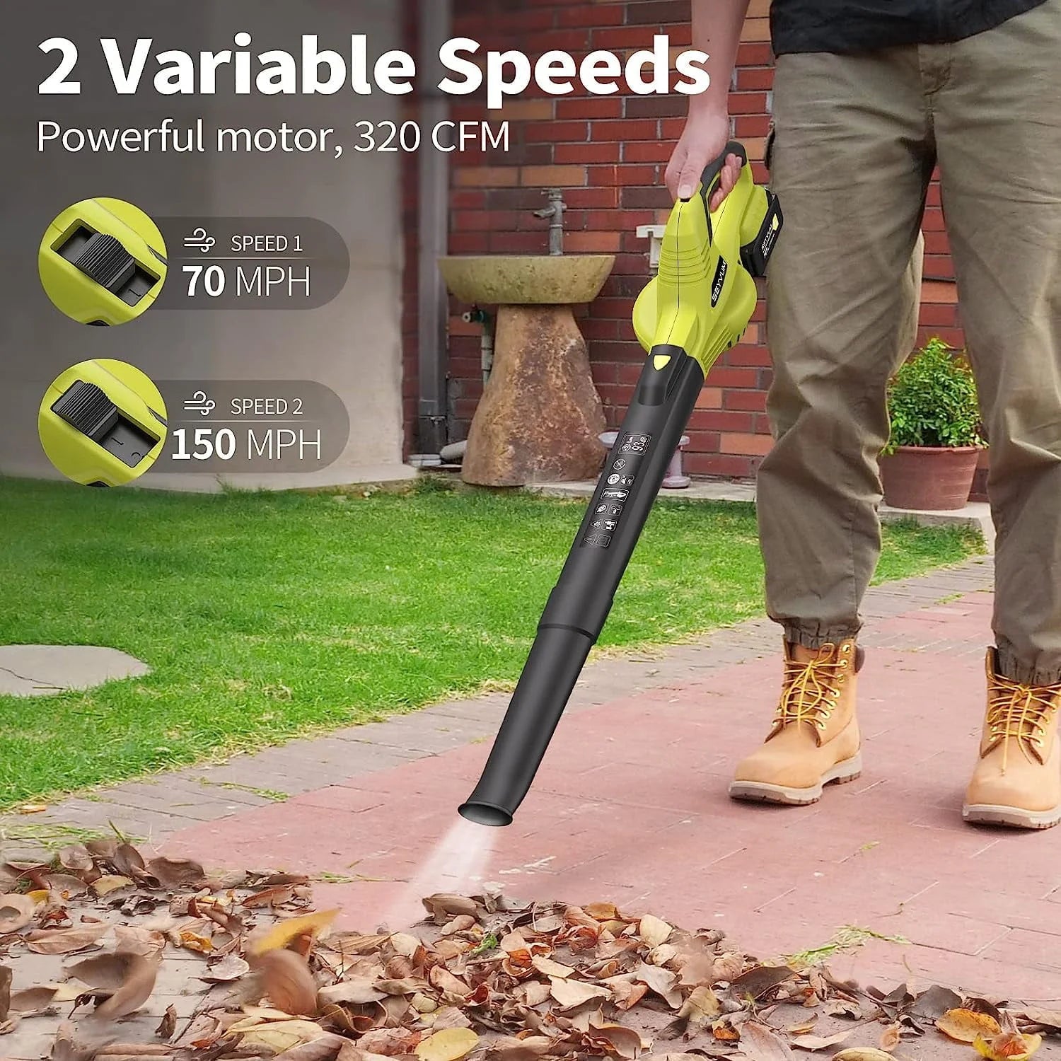Leaf Blower, SEYVUM 20V 5.0 Ah Battery Cordless Leaf Blower, 2 Speed Electric Leaf Cleaner for Lawn Care, 320CFM 150MPH Blower for Patio, Garden, Cars & Depot, Fast Charger Included