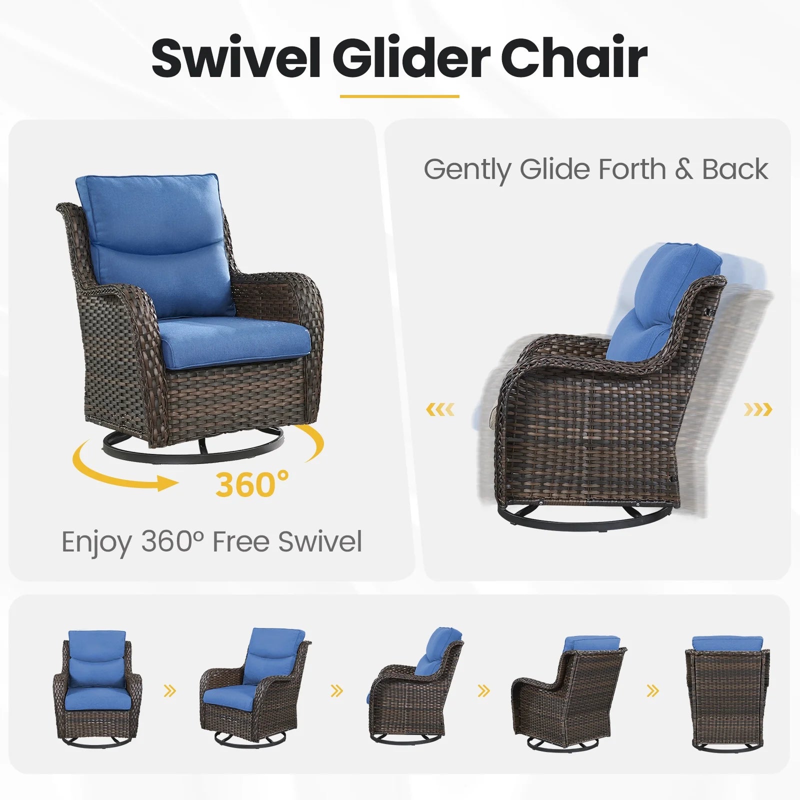 Gymojoy High Back Outdoor Swivel Rocker Patio Chairs Set of 2, All Weather Swivel Patio Glider Chairs with Thick Cushions for Porch, Poolside, Deck,Brown/Blue