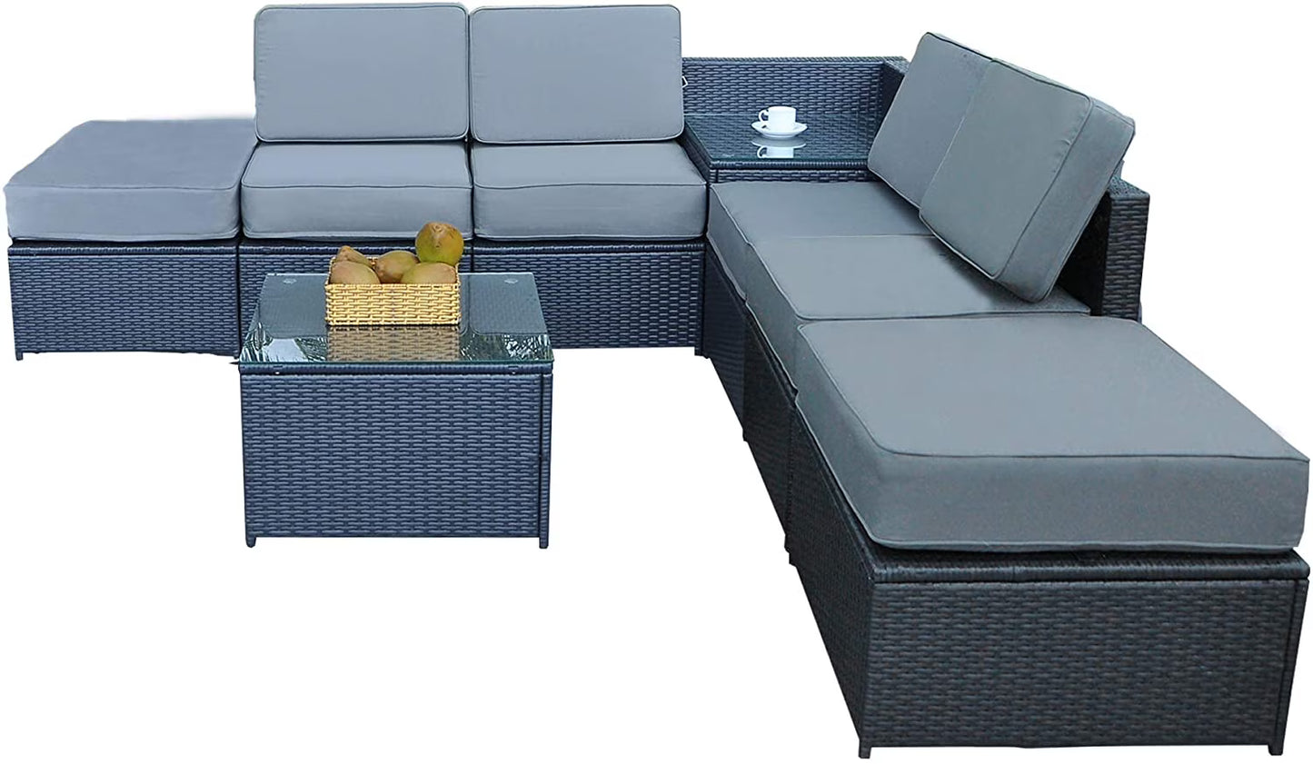 Mcombo Aluminum Outdoor Patio Furniture Sectional Set Black Wicker Sofa All-weather Resin Rattan Conversation Chair with Cushions 6080-1007 Cw