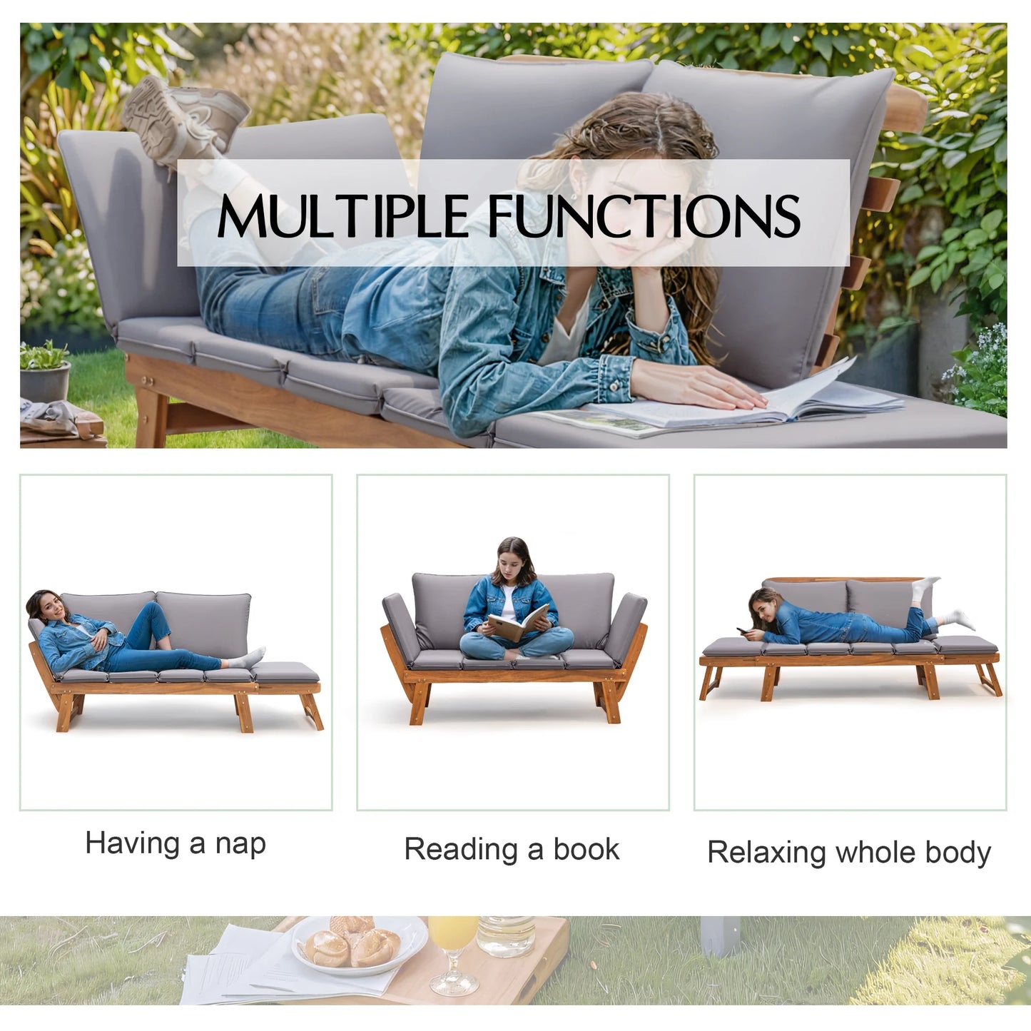 Homall Outdoor Sofa Patio Acacia Wood Daybed with Adjustable Armrests, Gray