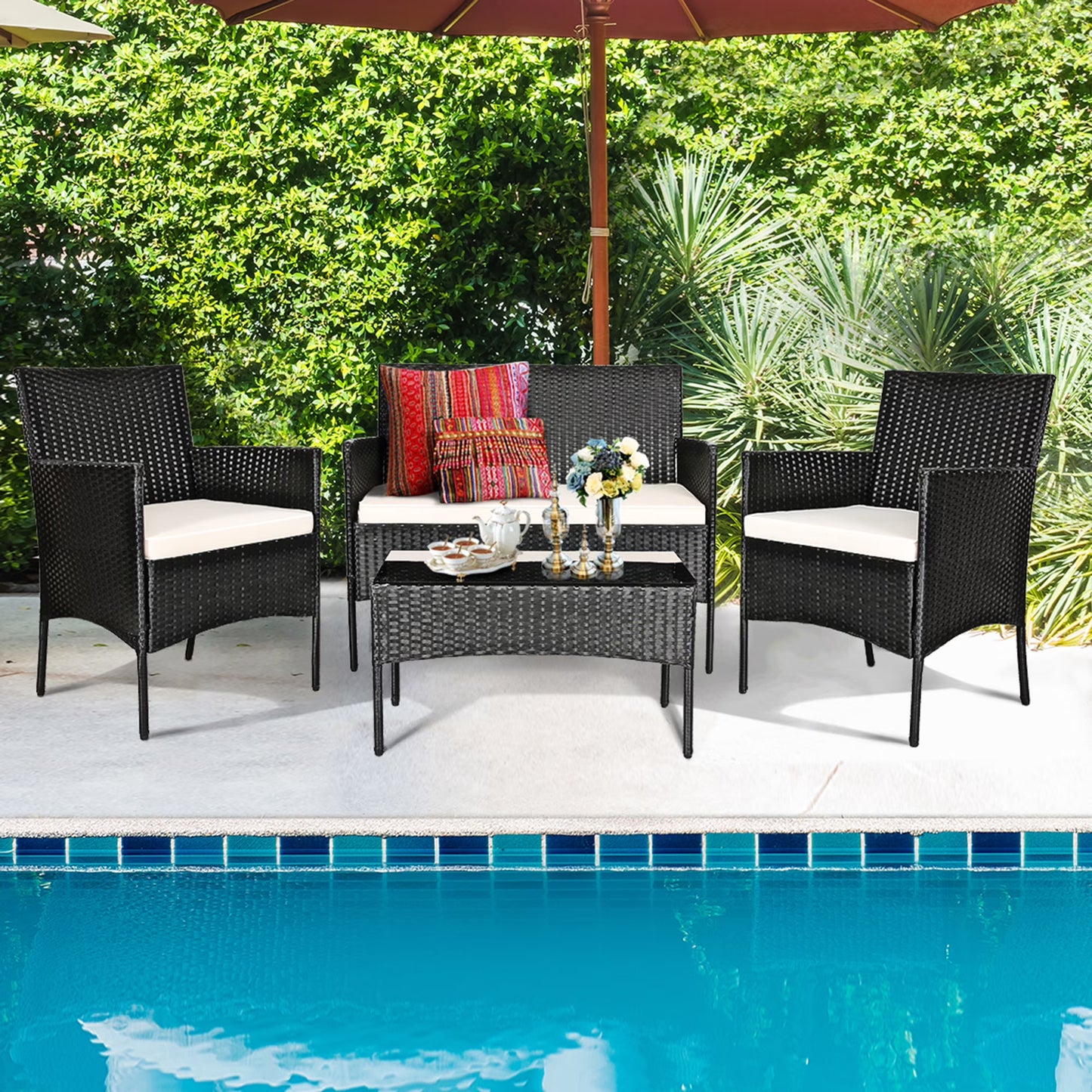 Gymax 4PCS Patio Rattan Conversation Set Outdoor Furniture Set w/Cushion