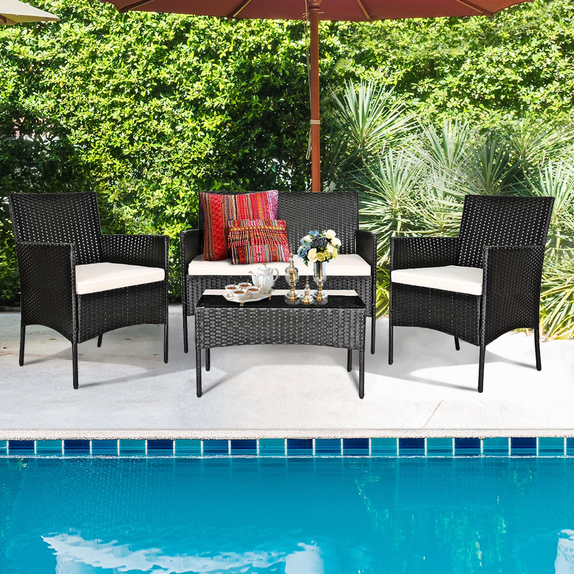 Gymax 4PCS Patio Rattan Conversation Set Outdoor Furniture Set w/Cushion