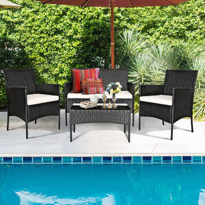 Gymax 4PCS Patio Rattan Conversation Set Outdoor Furniture Set w/Cushion