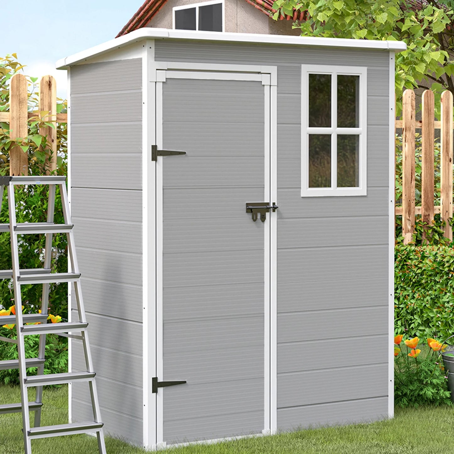 ECOPATIO Outdoor Storage Shed 5x3 FT, Resin Garden Shed for Bike, Tool, Plastic Outside Sheds & Outdoor Storage Storage Box with Lockable Door for Backyard, Patio, Lawn, Sandstone