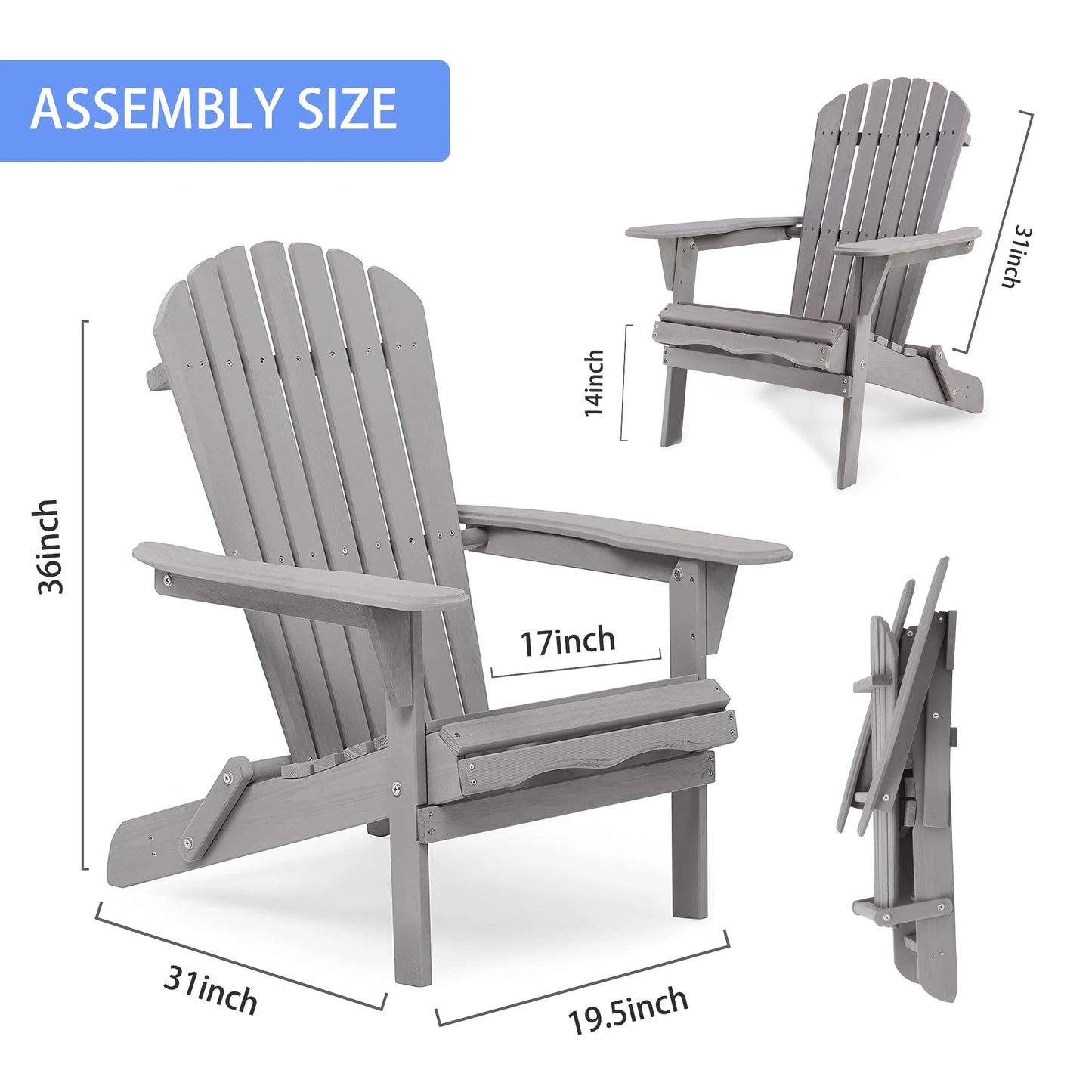uhomepro Outdoor Adirondack Chairs Set of 2, Folding Fire Pit Chair, Weather Resistant Patio Lawn Chair for Outside Deck Garden Backyard Balcony, Gray
