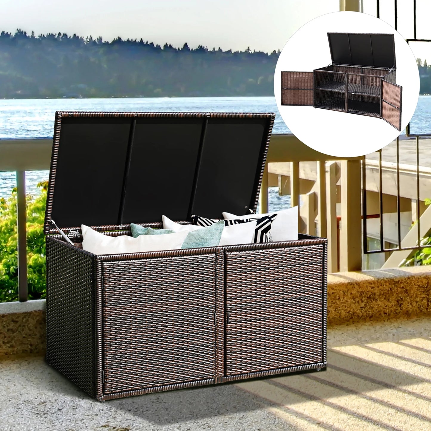 Costway 88 Gallon Garden Patio Rattan Storage Container Box Bin Shelf Brown