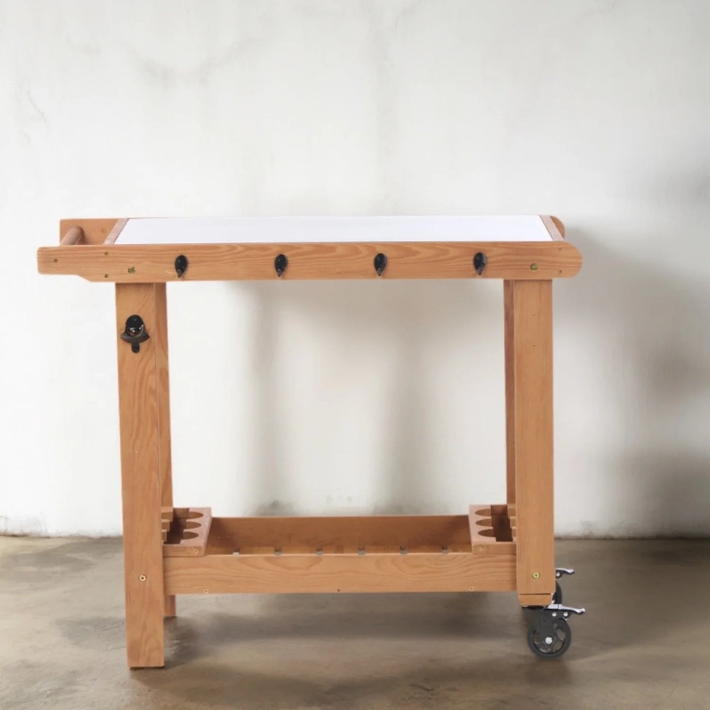 Outdoor Wooden Cart Table With Wheels Metal Top And Storage Hook For Patio Backyard Garden Offering Both Charm And Heat Resistance