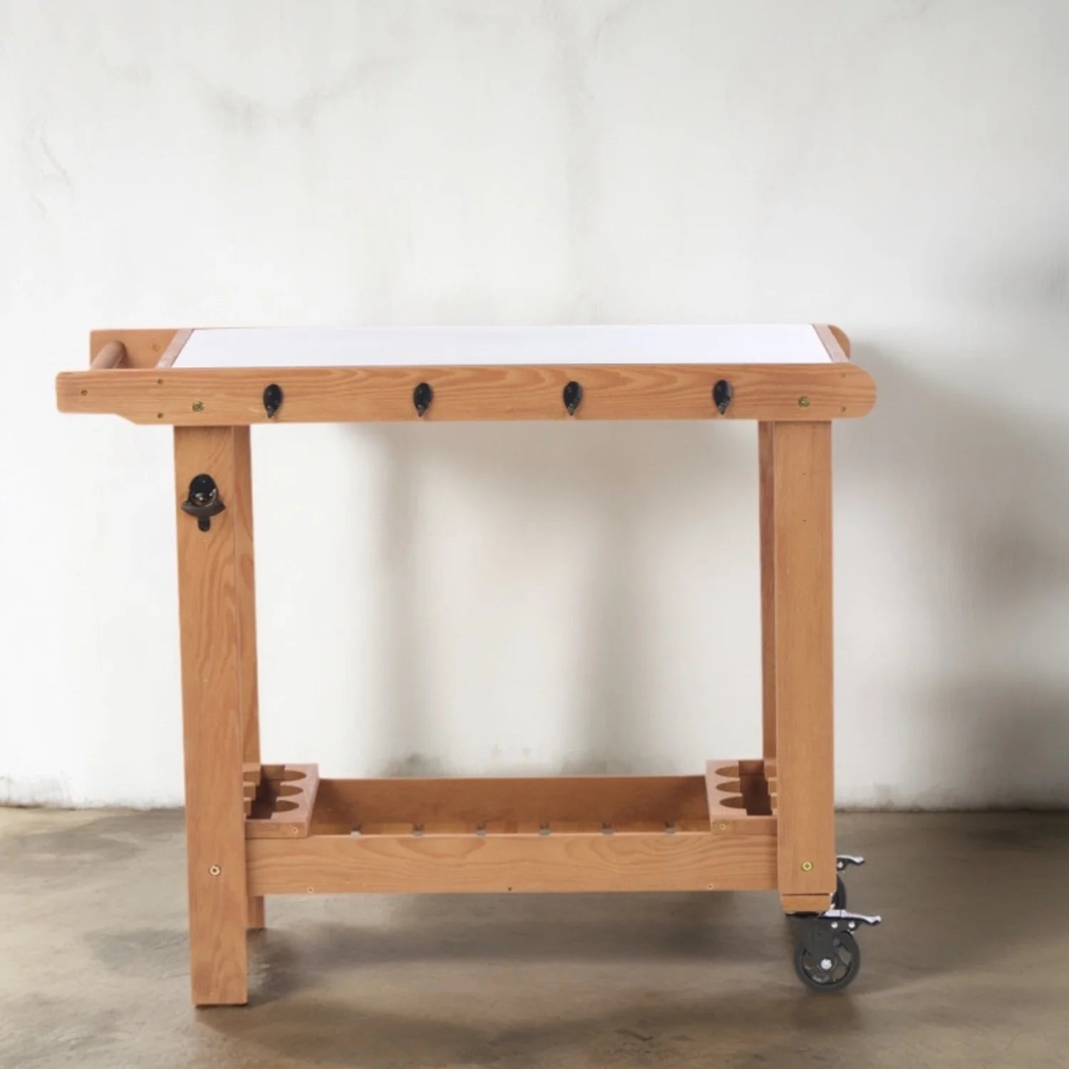 Outdoor Wooden Cart Table With Wheels Metal Top And Storage Hook For Patio Backyard Garden Offering Both Charm And Heat Resistance
