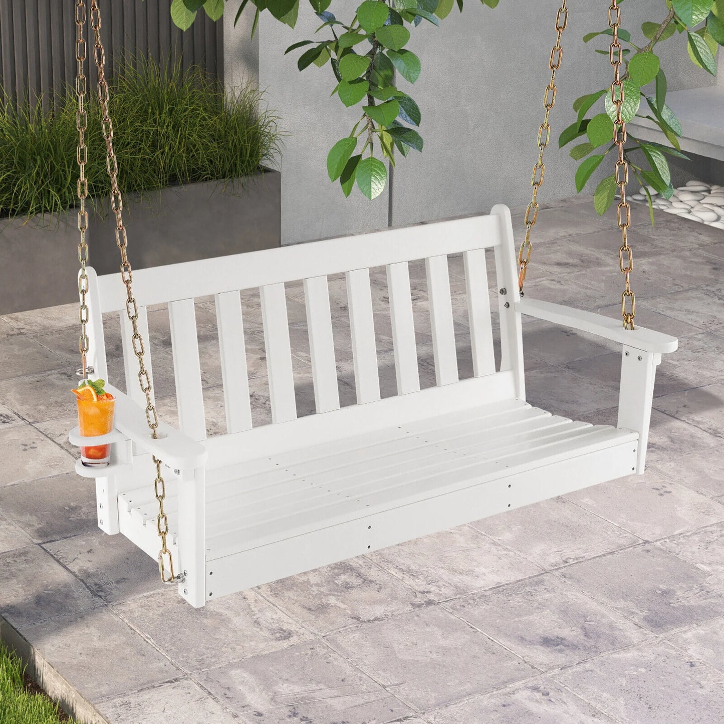 Gymax 54'' HDPE Porch Swing Outdoor Patio Hanging Chair w/Cup Holder Adjustable Chain