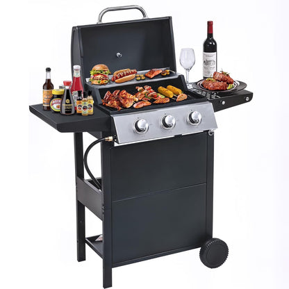 Furnibear 4 Burner BBQ Propane Gas Grill, Stainless Steel 34,000 BTU Patio Garden Barbecue Grill with Two Foldable Shelves