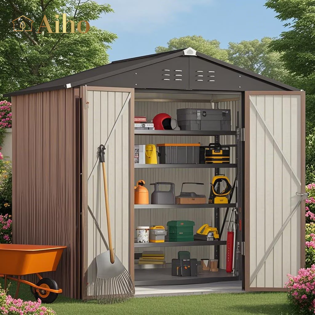 8x6 ft Outdoor Storage Shed on Sale, Sheds & Outdoor Storage with Lockable Doors, Metal Garden Shed by Durable Galvanized Steel for Patio, Lawn - Dark Gray