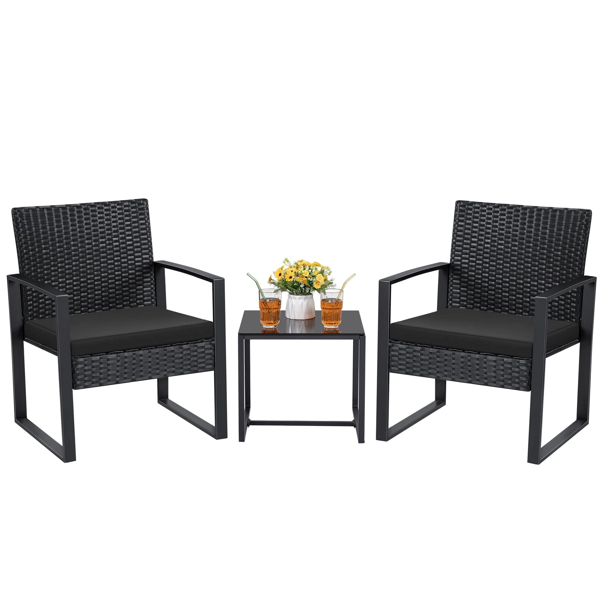 Lacoo 3 Pieces Patio Conversation Set PE Rattan Bistro Chairs Set of 2 with Coffee Table, Black